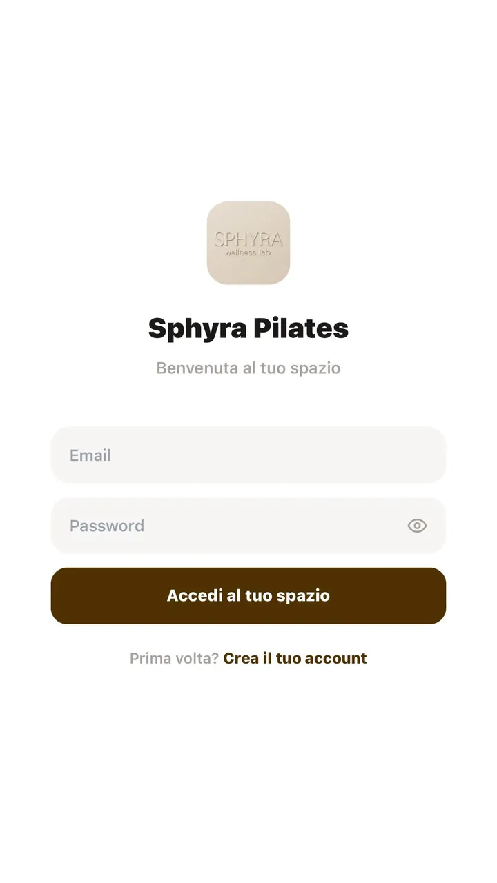 L'app di Sphyra Pilates: la schermata di accesso all'area personale