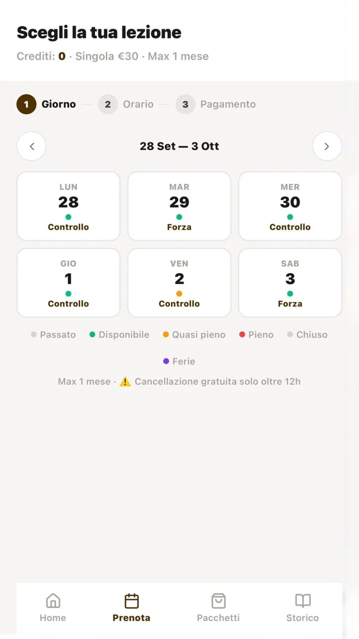 L'app di Sphyra Pilates: la scelta del giorno della lezione, con i posti disponibili